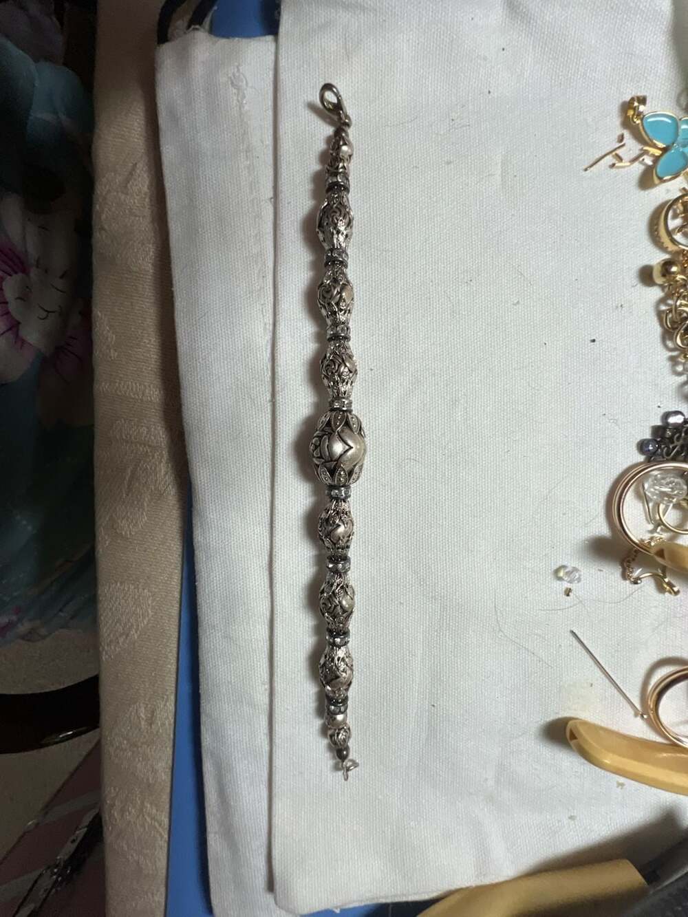 Vintage Silver Tone Ornate Beaded Charm Bracelet with Rhinestone Spacers
